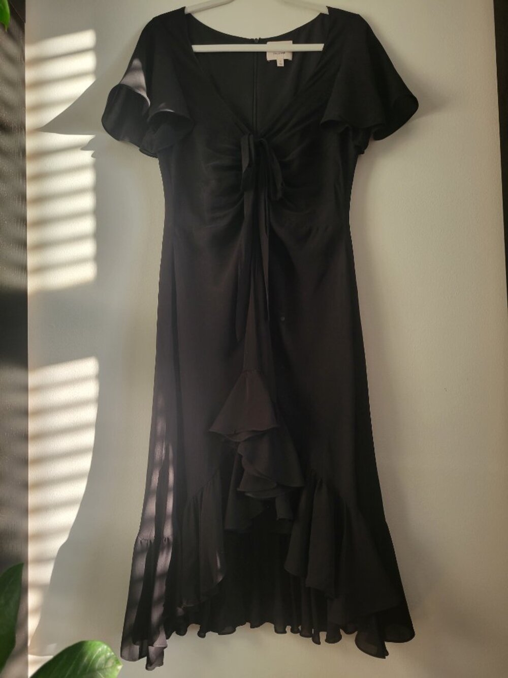 CINQ A SEPT CECIL Black 100% Silk Midi DRESS Flirty Romantic Ruffles Bow Sz 10 - Picture 8 of 10